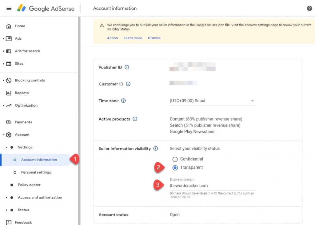 Google Adsense Account Information