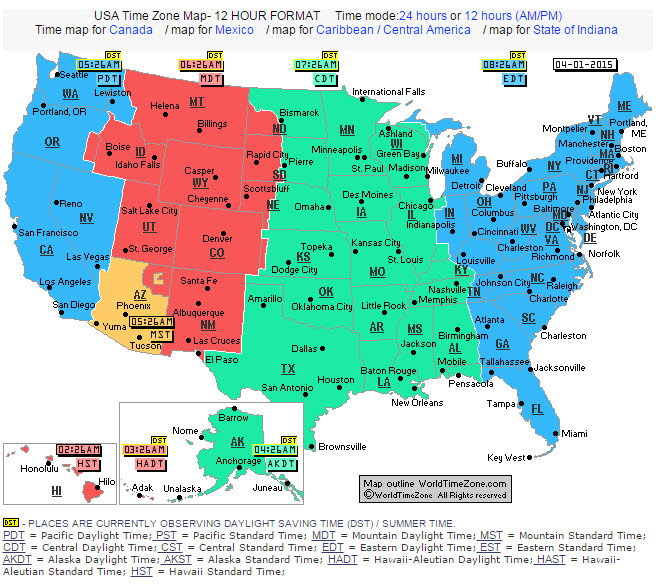 米国の時間帯が色別に表示されている。 （出典：http://www.worldtimezone.com/time-usa12.php）
