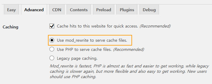 WordPress キャッシュプラグインWP Super Cache  -  Caching Settingsキャッシュ設定