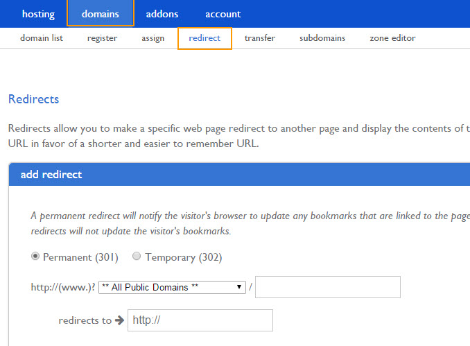 domains redirect settings in Bluehost