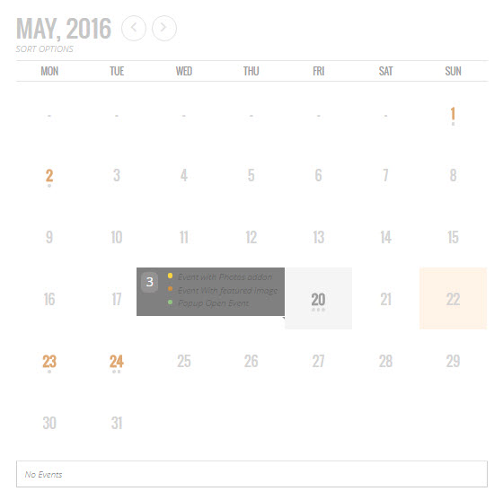마우스를 올리면 이벤트 목록이 표시되는 전체 캘린더(Full Calendar)
