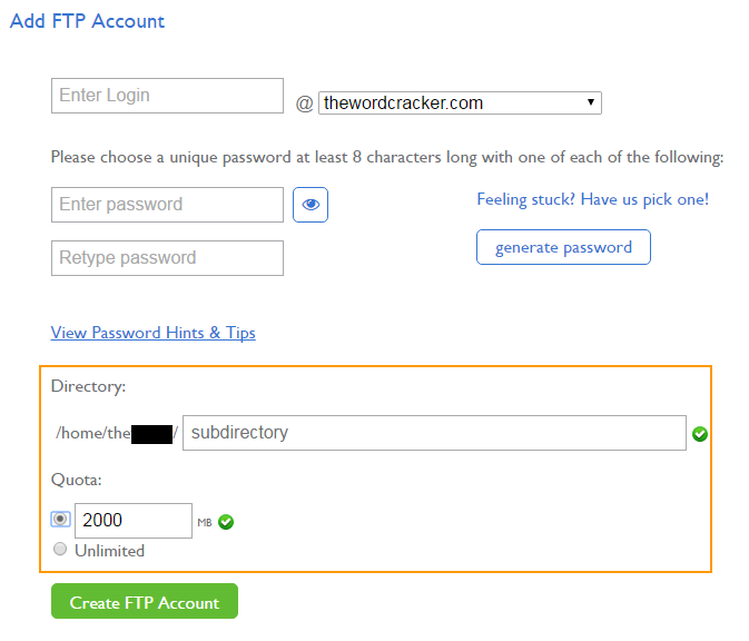 Add a new FTP account in Bluehost