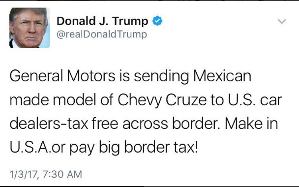 쉐비 크루즈를 멕시코에서 생산하는 GM을 비판하는 트럼프