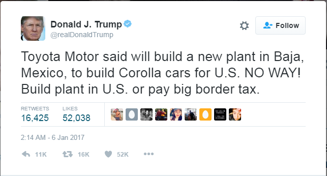 토요타의 멕시코 공장 건설에 딴지를 거는 트럼프