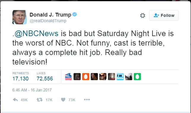 트럼프, 'SNL은 재미 없고 최악 프로그램'