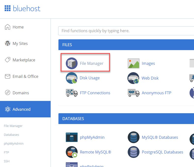 File Manger in cPanel (Bluehost)
