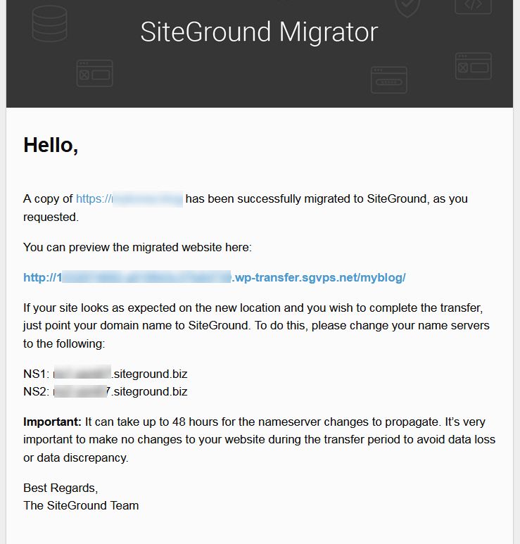 SiteGround WordPress Migrator - Notification