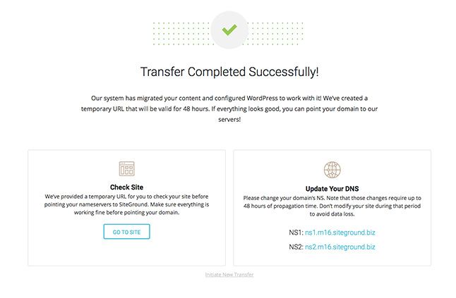 SiteGround WordPress Migrator - Transfer Successful