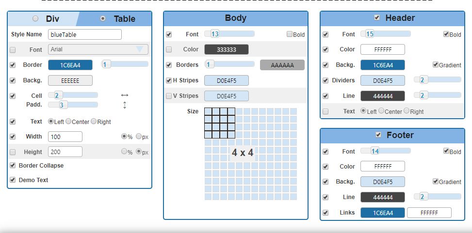 DivタグやTableタグテーブル（表）を作成することができるHTML Table Styler CSS Generator