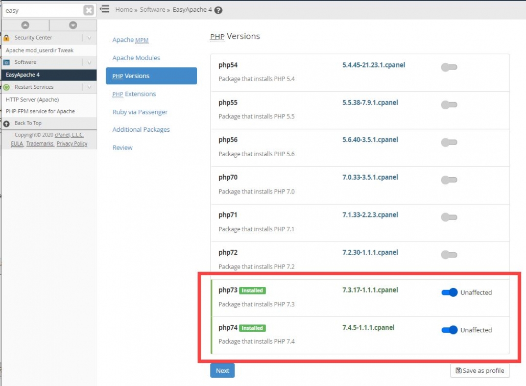 Bluehost PHP 7.4を追加