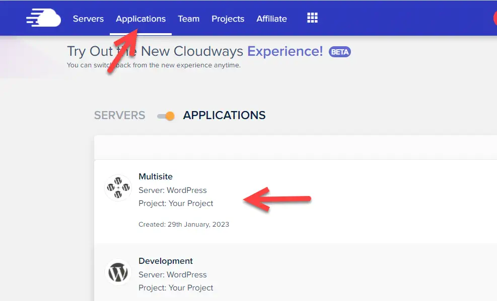 Cloudways application menu