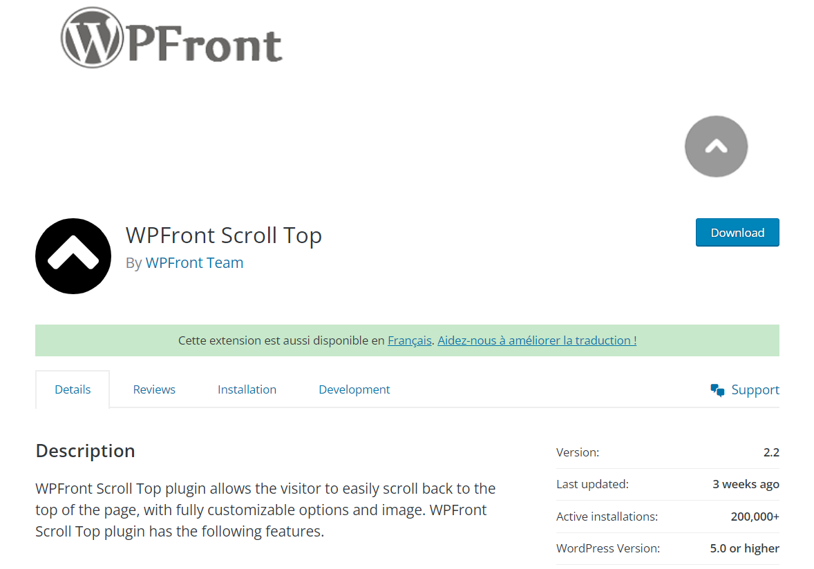 WordPress 上に戻るボタンプラグイン - WPFront Scroll Top