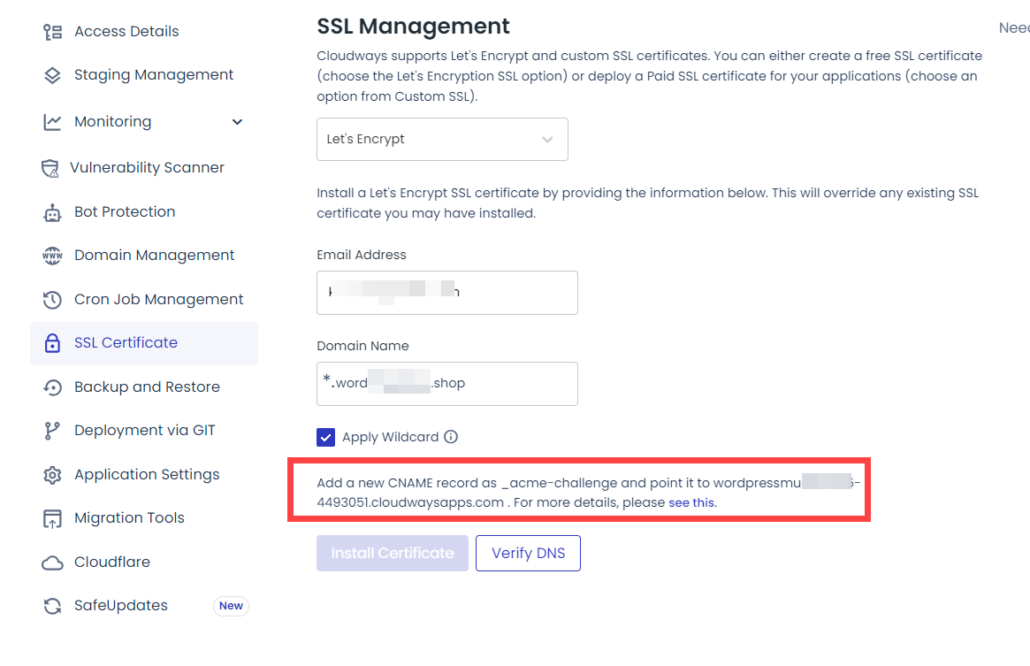 Cloudways SSL 証明書のインストール